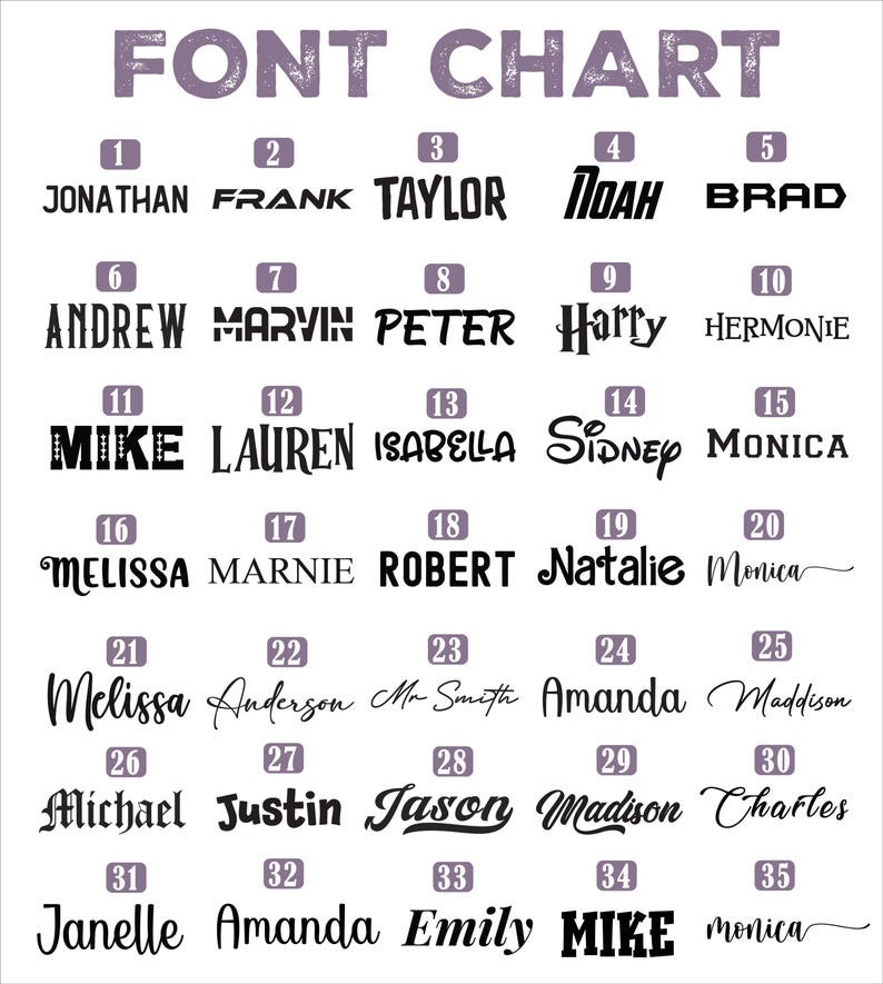 Puede incluir: Un gr&aacute;fico de fuentes muestra 35 estilos de fuente diferentes, cada uno con un nombre. El t&iacute;tulo, "FONT CHART", est&aacute; en una fuente morada y texturizada. Los nombres incluyen Jonathan, Frank, Taylor, Noah, Brad, Andrew, Marvin, Peter, Harry y Hermonie.