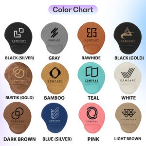 May include: A color chart showcasing various mouse pad designs. Each mouse pad features a wrist rest and a unique logo. Colors include black, gray, rawhide, teal, white, pink, and brown. Text on the chart reads "Color Chart" and "COMPANY".