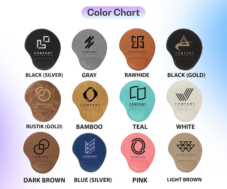 May include: A color chart showcasing various mouse pad designs. Each mouse pad features a wrist rest and a unique logo. Colors include black, gray, rawhide, teal, white, pink, and brown. Text on the chart reads "Color Chart" and "COMPANY".