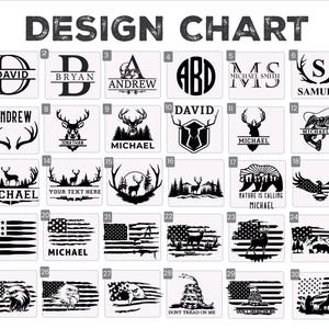 May include: A design chart featuring various graphic designs. The designs include initials, names, deer, American flags, eagles, and the phrase "Don't Tread on Me". The text "Design Chart" is at the top.