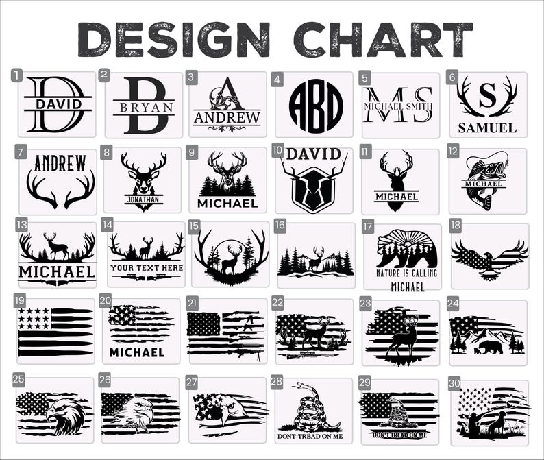 May include: A design chart featuring various graphic designs. The designs include initials, names, deer, American flags, eagles, and the phrase "Don't Tread on Me". The text "Design Chart" is at the top.