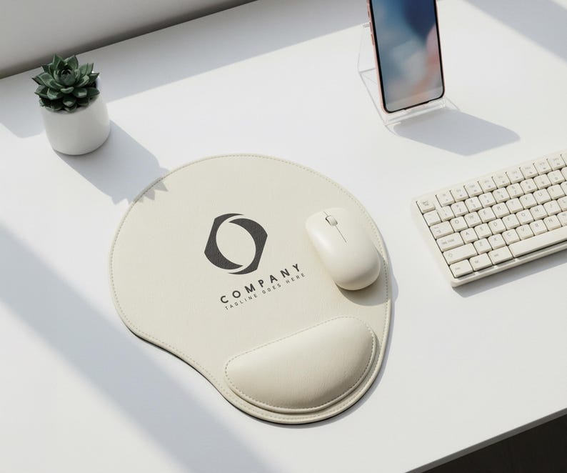 May include: A cream-colored ergonomic mouse pad with a wrist rest, a white wireless mouse, and a white keyboard are on a white desk. The mouse pad has a black logo and the text "COMPANY TAGLINE GOES HERE". A small succulent plant in a white pot and a smartphone are also on the desk.