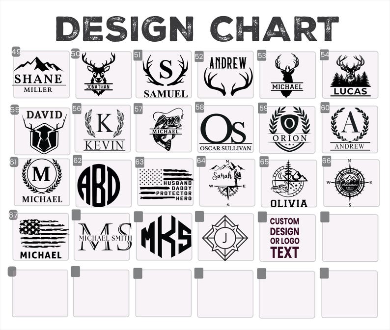 May include: A design chart featuring various personalized design options. The chart includes mountain, deer, initial, and name designs. Text includes names like Shane Miller, Jonathan, Samuel, Andrew, Michael, Lucas, David, Kevin, and Olivia.