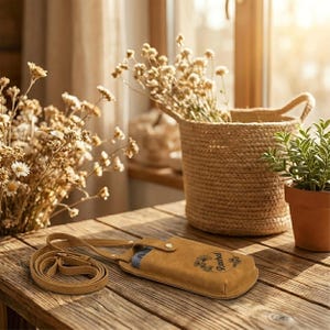 May include: A tan leather phone case with a shoulder strap lies on a wooden table. The case has a floral design and the name "Rachel" printed on it. A woven basket with dried flowers and a potted plant are in the background.