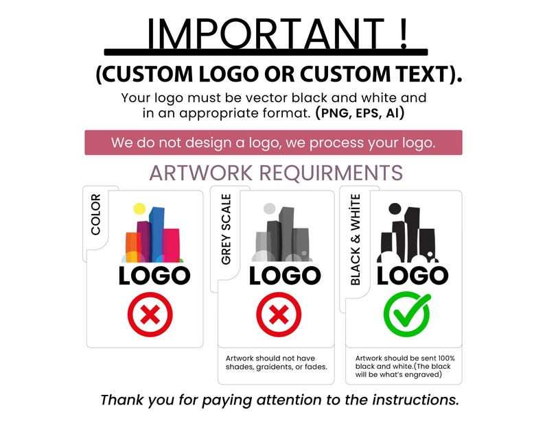 Puede incluir: Imagen con texto: "&iexcl;IMPORTANTE! (LOGOTIPO PERSONALIZADO O TEXTO PERSONALIZADO)." Se enumeran los requisitos de la obra de arte, especificando logotipos vectoriales en blanco y negro en formatos PNG, EPS o AI. La imagen muestra ejemplos de formatos de logotipo aceptables e inaceptables.