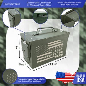 May include: An olive green metal storage box with a handle, measuring 11 inches long, 7 inches high, and 5.5 inches wide. The box features a laser-engraved American flag design with the words "HUSBAND DADDY PROTECTOR HERO".