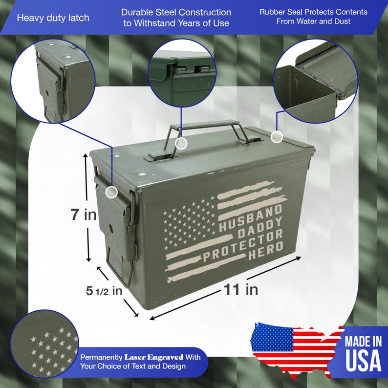 May include: An olive green metal storage box with a handle, measuring 11 inches long, 7 inches high, and 5.5 inches wide. The box features a laser-engraved American flag design with the words "HUSBAND DADDY PROTECTOR HERO".