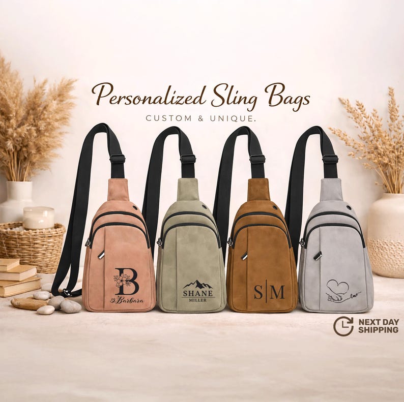 Personalized Sling Bag, Custom Crossbody Explorer Travel Bag, Engraved Vegan Leather Explorer Sling, Gift for Mom & Valentine’s Day,Bag Gift image 1
