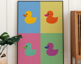 Arte de pared de pato de goma, impresión de arte pop colorido, decoración de baño brillante
