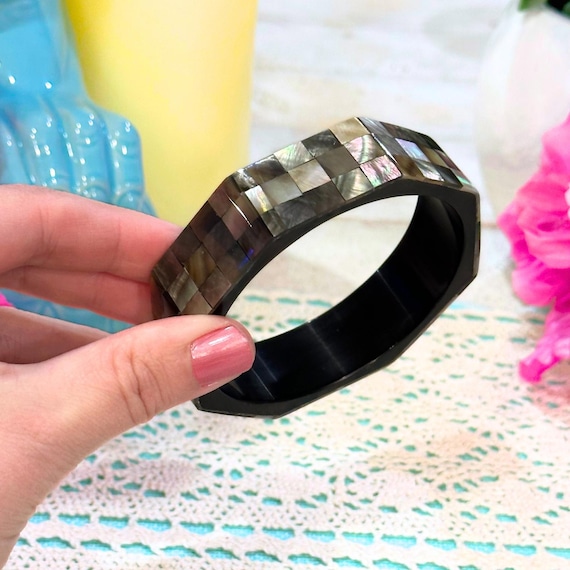 Vintage Abalone Inlay Bangle with Chunky Geometri… - image 1