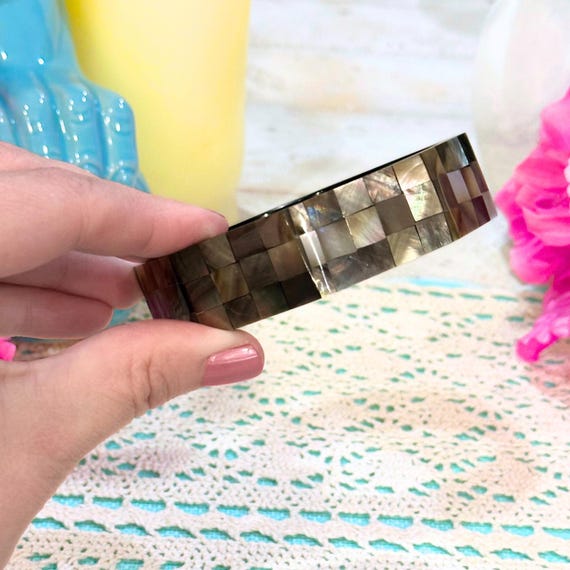 Vintage Abalone Inlay Bangle with Chunky Geometri… - image 6