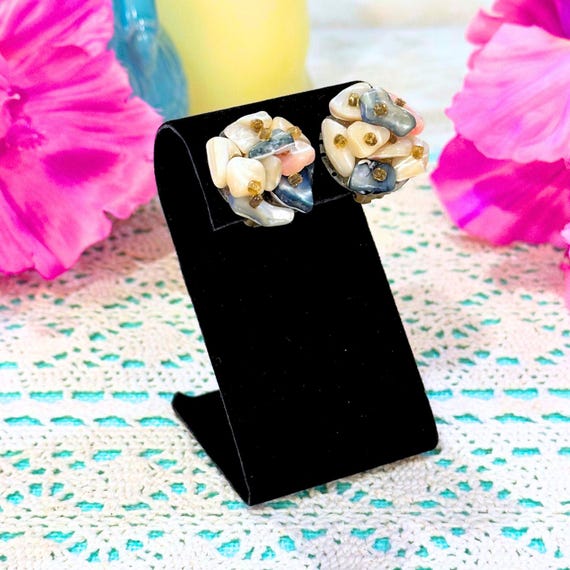Iridescent Seashell Cluster Clip-On Earrings: Vin… - image 1