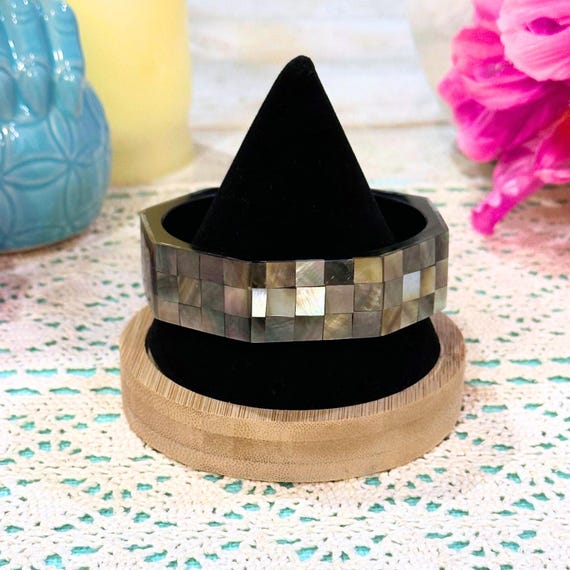 Vintage Abalone Inlay Bangle with Chunky Geometri… - image 3