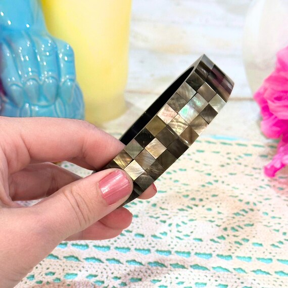 Vintage Abalone Inlay Bangle with Chunky Geometri… - image 5