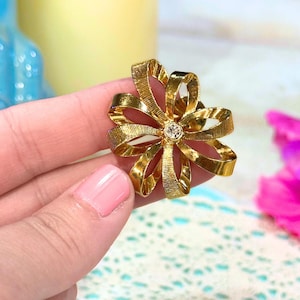 Vintage Gold Tone Bow Brooch: Rhinestone Center, MCM Jewelry
