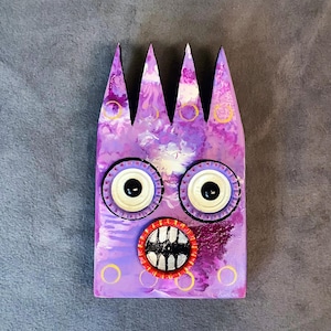 Scared “Mr. Jellyfish”Folk Art Wood Character , Bottle Cap, Upcycled Wood Art