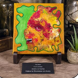 Pintura acrílica original de Pig Man, arte de monstruo extraño, lienzo de 6 x 6