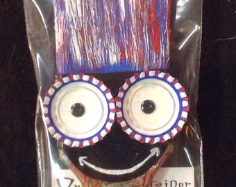 Happy Paint Brush #47, Limited Edition Funky Outsider Folk Art Paint Brush Creation, Bottle Cap and Paint Brush Art