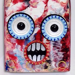 Scared2 &quot;Mr Fraidy Cat&quot;, Outsider Folk Art Wood Sculpture, Abstract and Bottle Cap Art, Frightened Comical Character by Windwalker Art