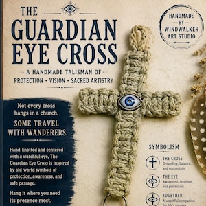 May include: A tan macrame cross featuring a central blue and white eye charm. The cross has a loop at the top and a metal ring at the bottom. Text on the image includes THE GUARDIAN EYE CROSS, WINDWALKER ART STUDIO, and various descriptive phrases.