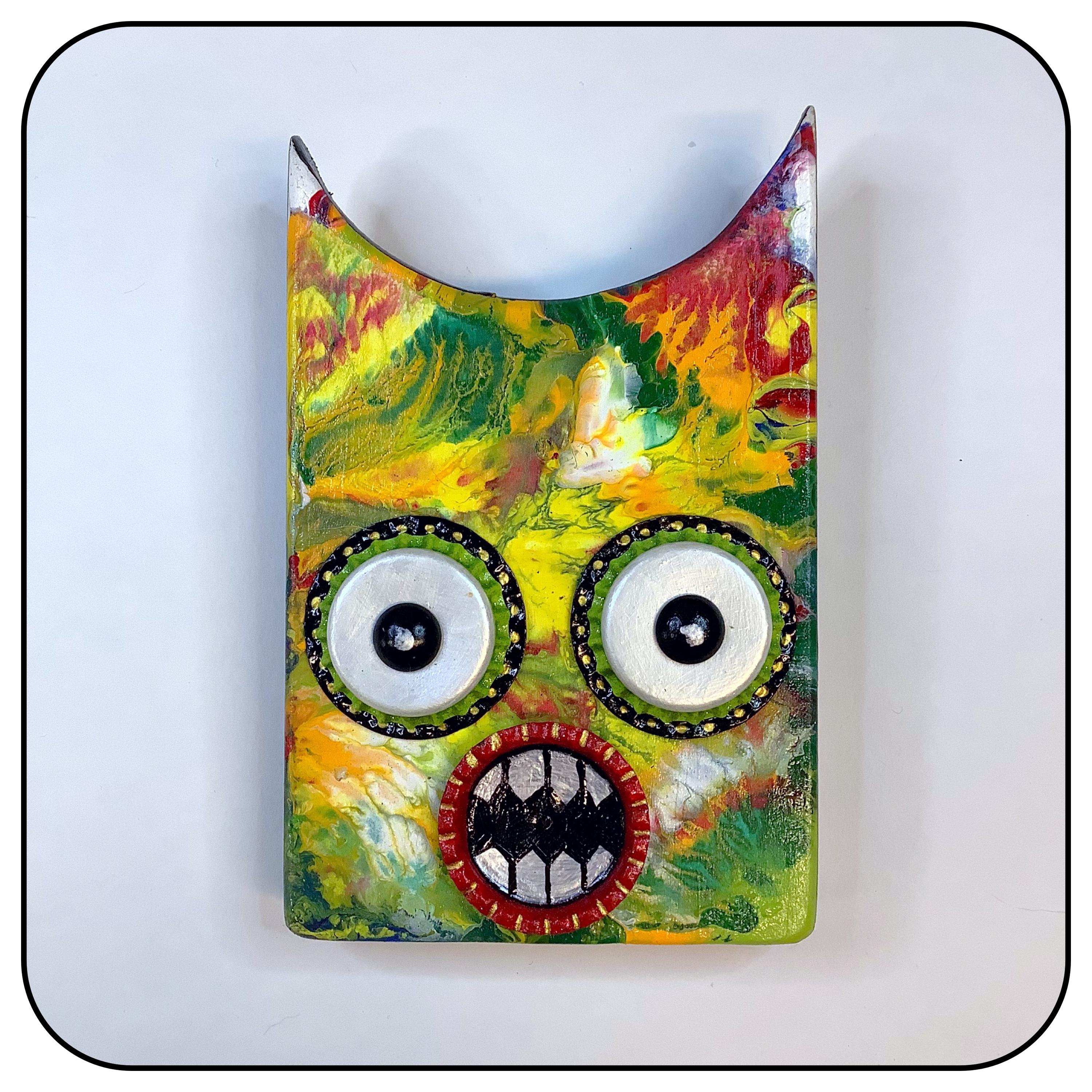 Hand Painted Wood Plaque, Abstract Owl Character, Bottle Cap Eyes, Folk Art Wall Decor