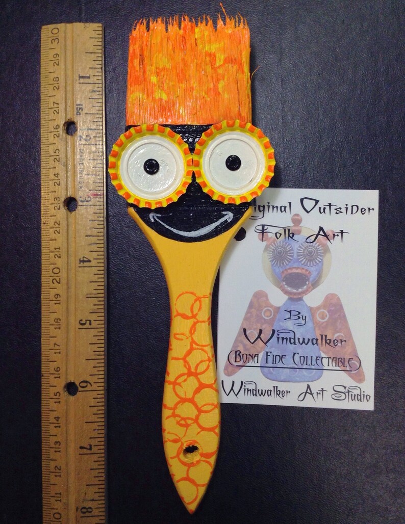 Happy Paint Brush 17, Limited Edition Funky Outsider Folk Art Paint Brush Creation, Bottle Cap