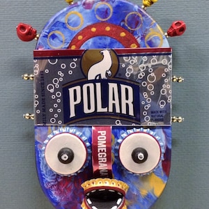Polar Pomegranate Tribal Head Original Outsider Folk Art, Tribal Wood Wall Hanging, Bottle Cap and Scull Bead Wall Sculpture by Windwalker