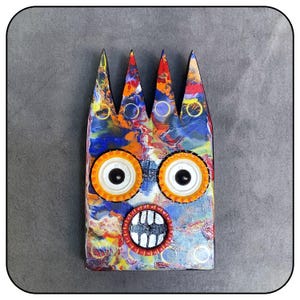 Scared “Mr. Tinkles” Folk Art Wood Character , Bottle Cap, Upcycled Wood Art