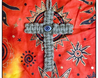 Windwalker Guardian Eye Cross – Handcrafted Macramé Protection Symbol with Eye Charm – Visionary Folk Art