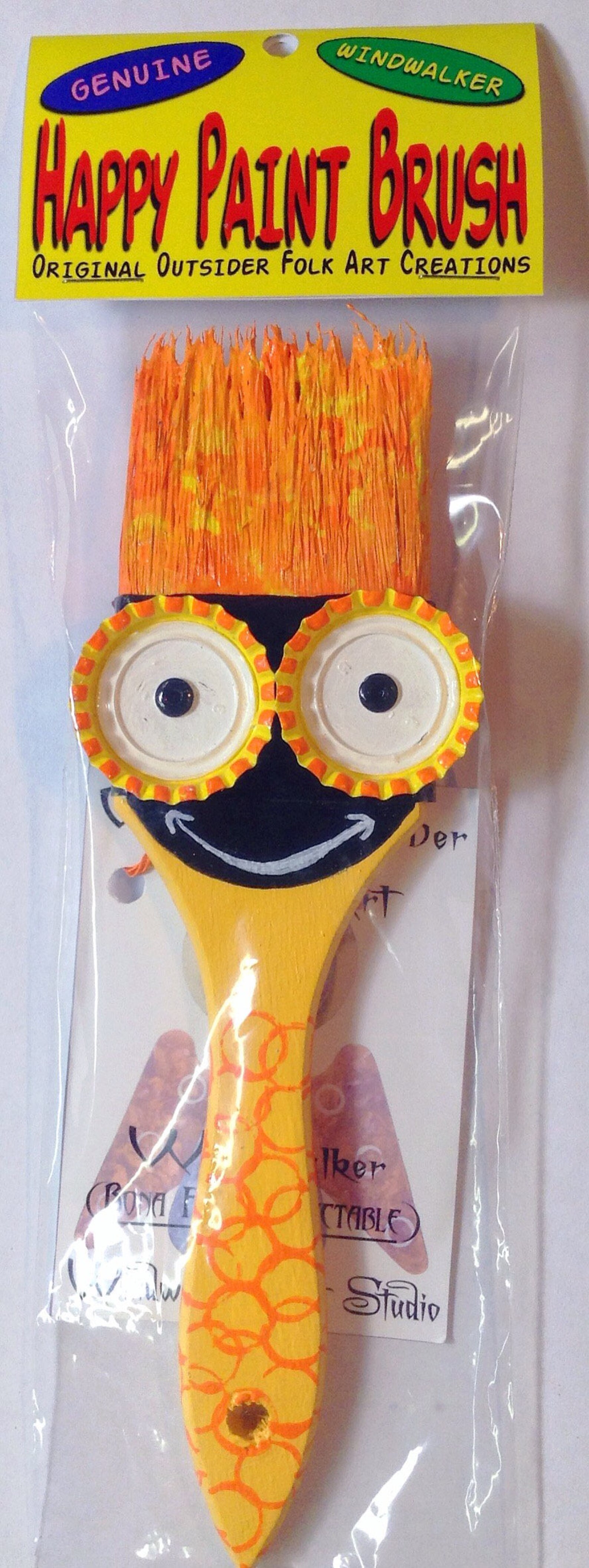 Happy Paint Brush 17, Limited Edition Funky Outsider Folk Art Paint Brush Creation, Bottle Cap