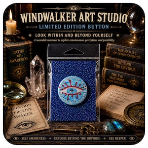 May include: A circular button featuring a blue eye graphic with red accents and the text "Look Within and Beyond Yourself" printed on the border. The button is encased in a clear plastic sleeve mounted on a dark blue glittery backing card.