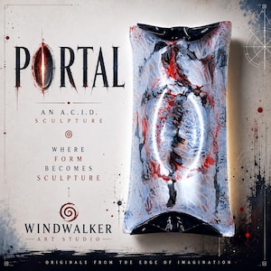 May include: A rectangular glass sculpture with a white, black, and red marbled pattern featuring a central glowing oval. The text reads: PORTAL AN A.C.I.D. SCULPTURE WHERE FORM BECOMES SCULPTURE WINDWALKER ART STUDIO ORIGINALS FROM THE EDGE OF IMAGINATION.