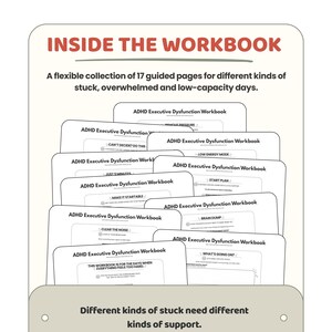 May include: A collection of 17 guided pages titled ADHD Executive Dysfunction Workbook. The pages feature headings such as Remove Pressure, Can't Decide, Low Energy Mode, Just 5 Minutes, Start Plan, Make It Startable, Brain Dump, and Clear The Noise.