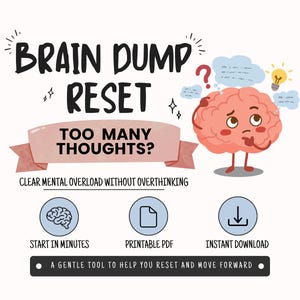 Może przedstawiać: Grafika cyfrowa ze słowami "BRAIN DUMP RESET" w kolorze czarnym, z różowym banerem z napisem "ZA DUŻO MYŚLI?". Dołączona jest ilustracja mózgu ze znakiem zapytania i żarówką. Obecny jest również tekst "CLEAR MENTAL OVERLOAD WITHOUT OVERTHINKING".