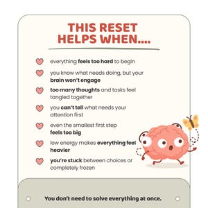 May include: A rectangular informational card with a cream background featuring the text THIS RESET HELPS WHEN.... followed by seven bullet points marked with pink hearts and a cartoon pink brain character with a yellow butterfly.