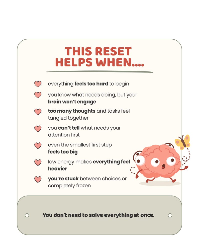 May include: A rectangular informational card with a cream background featuring the text THIS RESET HELPS WHEN.... followed by seven bullet points marked with pink hearts and a cartoon pink brain character with a yellow butterfly.