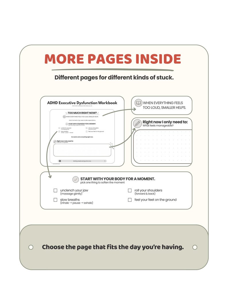 May include: A rectangular informational graphic titled MORE PAGES INSIDE with the subtitle Different pages for different kinds of stuck. It displays an ADHD Executive Dysfunction Workbook layout featuring checklists for body grounding and writing prompts.