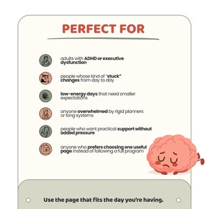 May include: A rectangular informational card with a cream background featuring the text PERFECT FOR at the top. It lists six bullet points with icons describing target users, and includes a cartoon pink brain character and the text Use the page that fits the day you're having at the bottom.
