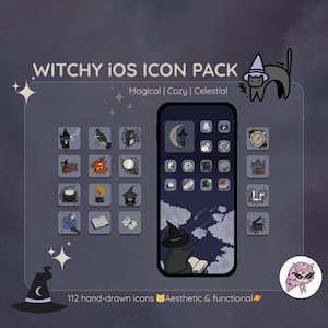 Íconos de iOS de Witchy Cat, tema mágico para iPhone, paquete estético celestial acogedor para iPhone y iPad