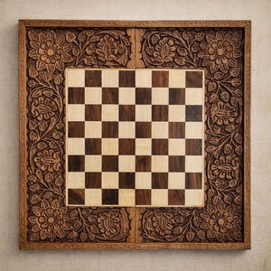 Puede incluir: Tablero de ajedrez de madera con un borde floral tallado. El tablero presenta casillas claras y oscuras alternas. El marco está intrincadamente tallado con flores y hojas. La combinación de colores es marrón y beige.
