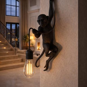 Puede incluir: Aplique de pared con forma de mono en bronce oscuro con una bombilla colgante. El mono se aferra a una pared, sosteniendo un cable negro que soporta una gran bombilla transparente con un filamento cálido y brillante. Elemento decorativo.