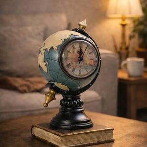 May include: A vintage-style globe clock with a cream and blue world map design. The clock face features Roman numerals and is set within a dark metal frame. The clock sits atop a weathered book on a wooden table, with gold accents.