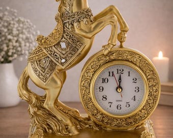 Luxury Ornate Horse Statue with Clock, Gold Decorative Table Clock