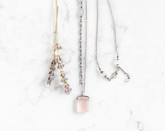 Oxidized Sterling Silver Necklace: Pink Quartz Pendant