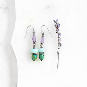 Turquoise, amethyst and blue chalcedony earrings/Dangling earrings/ Boho style/Wire wrapped jewelry/Gemstone earrings/Summer jewelry