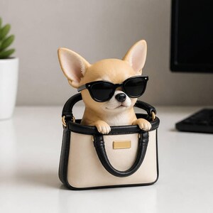 Chihuahua with Sunglasses Figurine Hand Painted 3D Printed Puppy Statue Miniature Handbag Desk Sculpture Funny Dog Decor