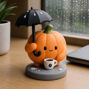 Een mollig pompoenfiguurtje voor een regenachtige dag, dat een klein parapluutje boven een kop koffie houdt. Handgeschilderde, 3D-geprinte bureaudecoratie.