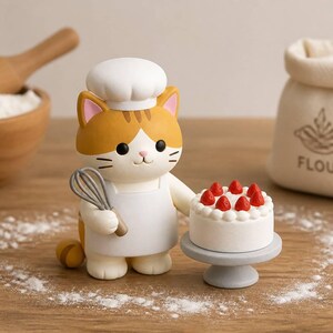 May include: A ginger and white cat figurine wearing a white chef hat and apron, holding a grey whisk. The cat stands next to a small grey cake stand topped with a white cake decorated with six red strawberries and white frosting dollops.