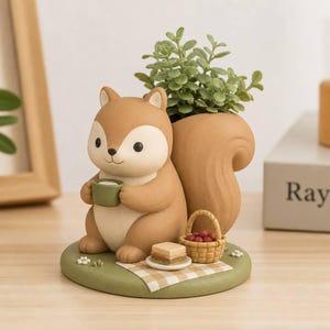Gemütliche Picknick-Eichhörnchen-Pflanzgefäßfigur, handbemalte Schreibtischskulptur, verspielte Wald-Schreibtischdekoration für Naturliebhaber
