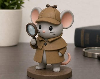 Schreibtischfigur „Privatdetektiv-Maus“, handbemalte Noir-Detektivstatue, einzigartiges 3D-gedrucktes Miniatur-Sammlerstück